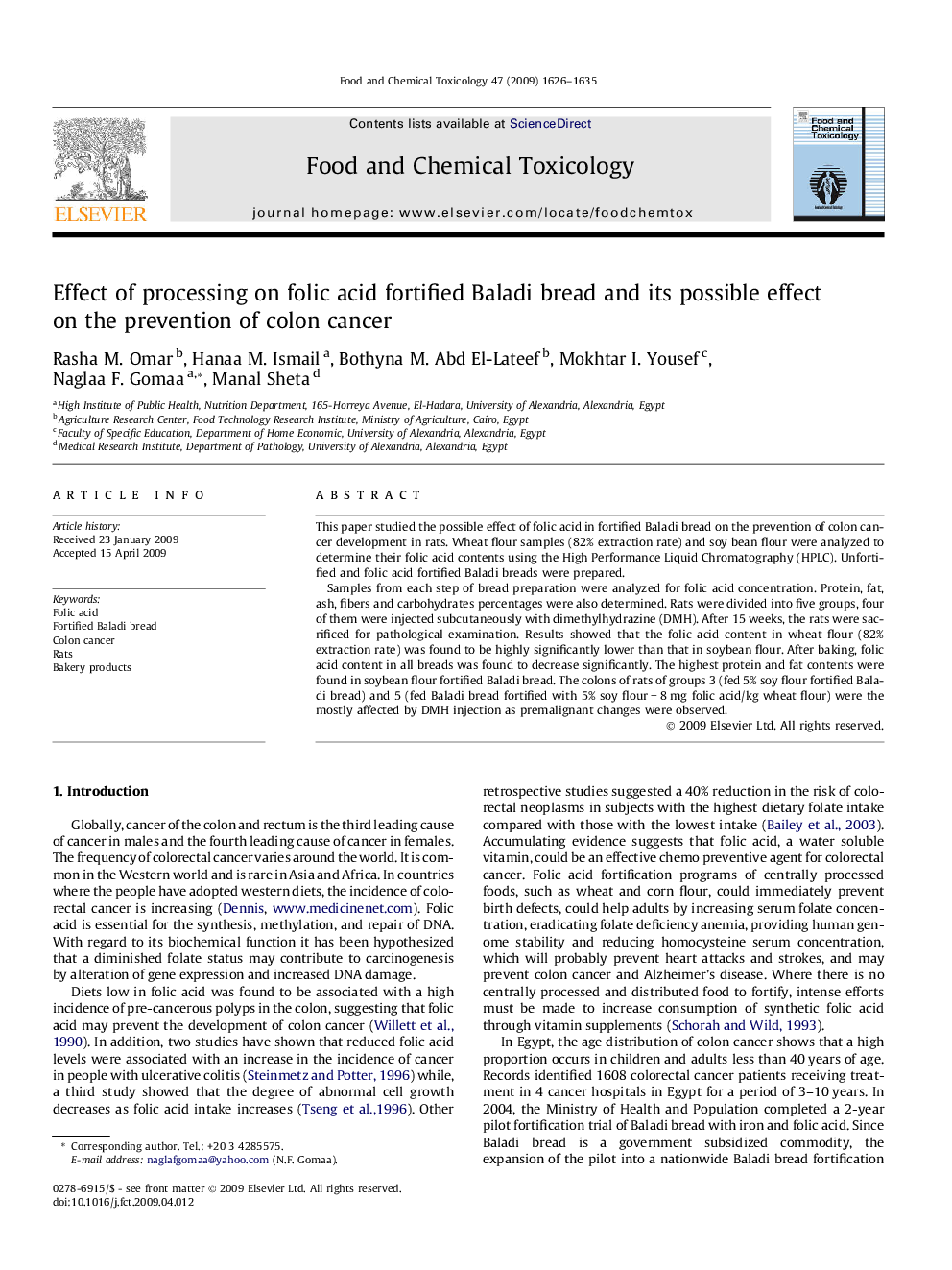 Effect of processing on folic acid fortified Baladi bread and its possible effect on the prevention of colon cancer