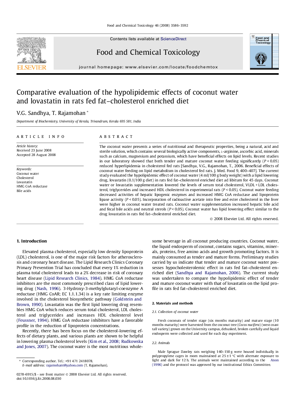 Comparative evaluation of the hypolipidemic effects of coconut water and lovastatin in rats fed fat–cholesterol enriched diet