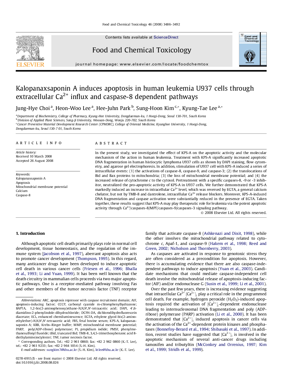 Kalopanaxsaponin A induces apoptosis in human leukemia U937 cells through extracellular Ca2+ influx and caspase-8 dependent pathways