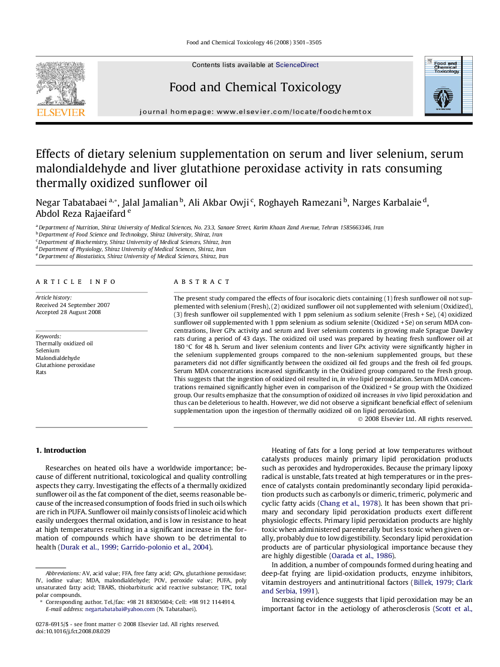 Effects of dietary selenium supplementation on serum and liver selenium, serum malondialdehyde and liver glutathione peroxidase activity in rats consuming thermally oxidized sunflower oil