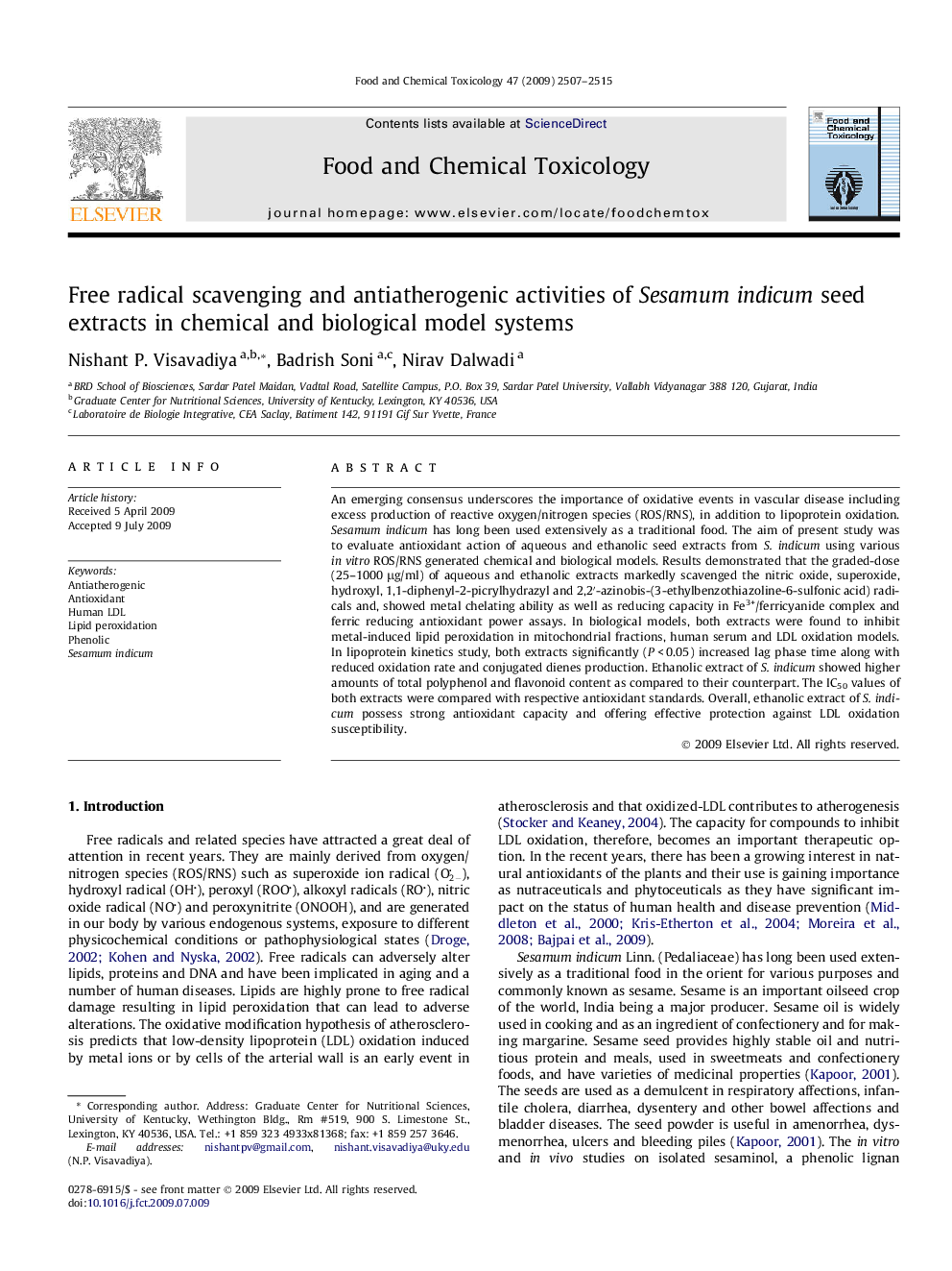 Free radical scavenging and antiatherogenic activities of Sesamum indicum seed extracts in chemical and biological model systems