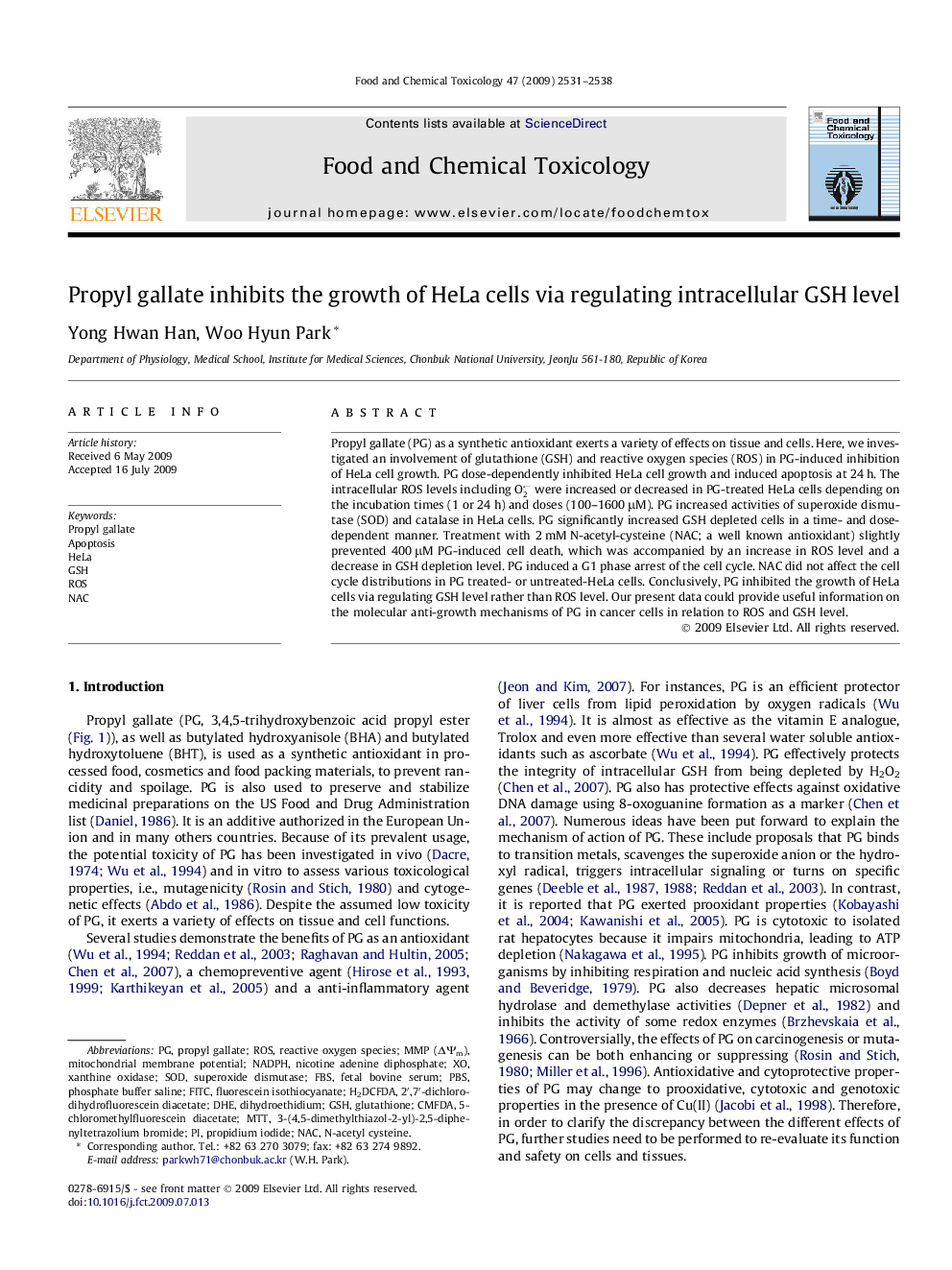 Propyl gallate inhibits the growth of HeLa cells via regulating intracellular GSH level