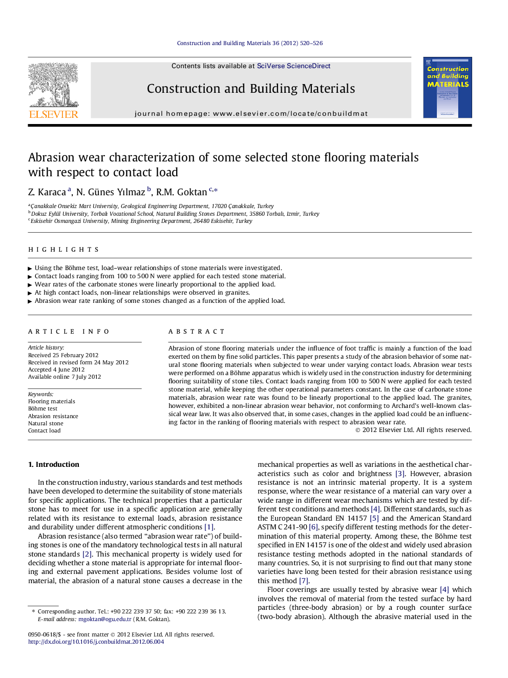 Abrasion wear characterization of some selected stone flooring materials with respect to contact load