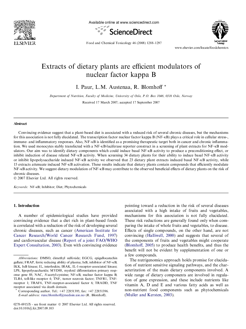 Extracts of dietary plants are efficient modulators of nuclear factor kappa B