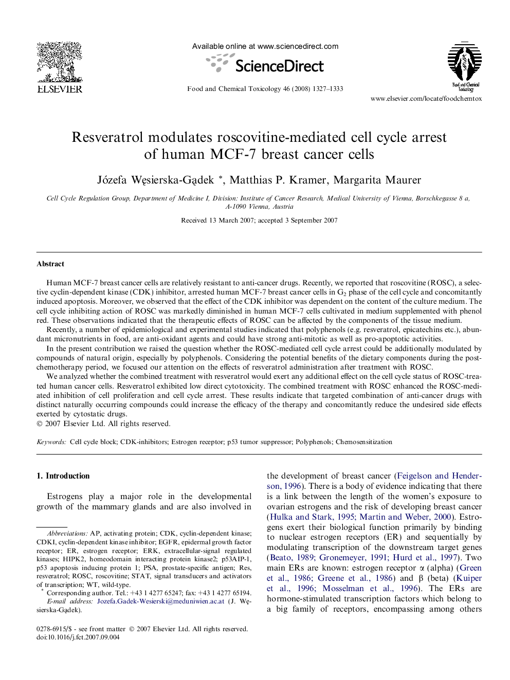 Resveratrol modulates roscovitine-mediated cell cycle arrest of human MCF-7 breast cancer cells