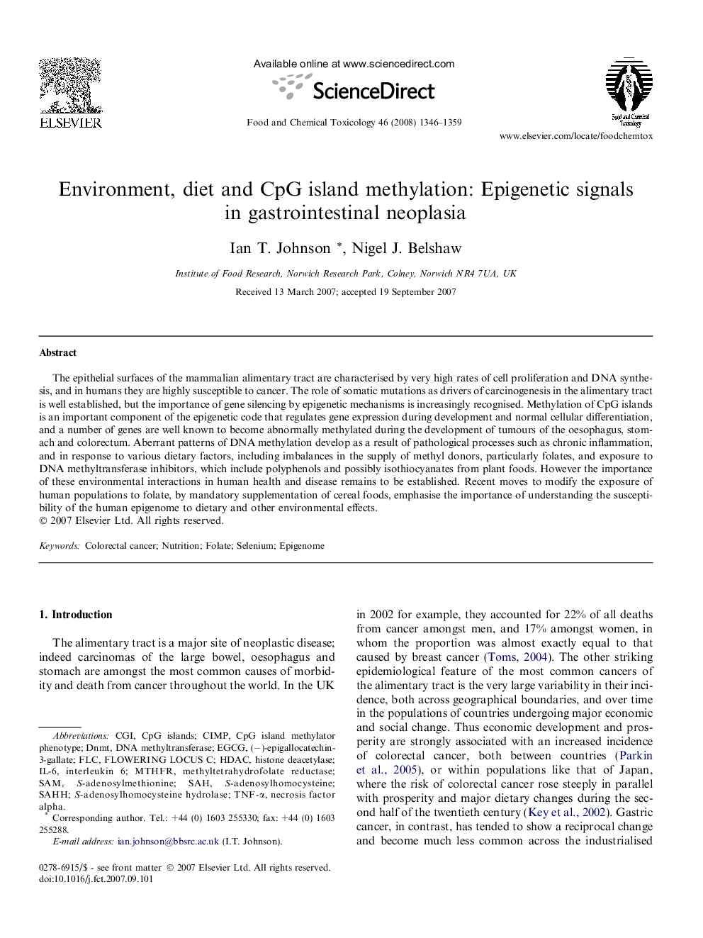 Environment, diet and CpG island methylation: Epigenetic signals in gastrointestinal neoplasia