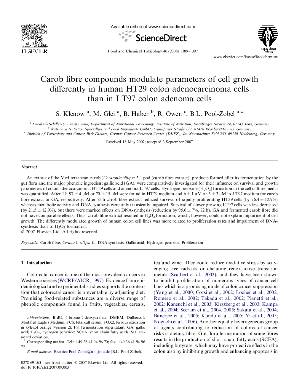 Carob fibre compounds modulate parameters of cell growth differently in human HT29 colon adenocarcinoma cells than in LT97 colon adenoma cells