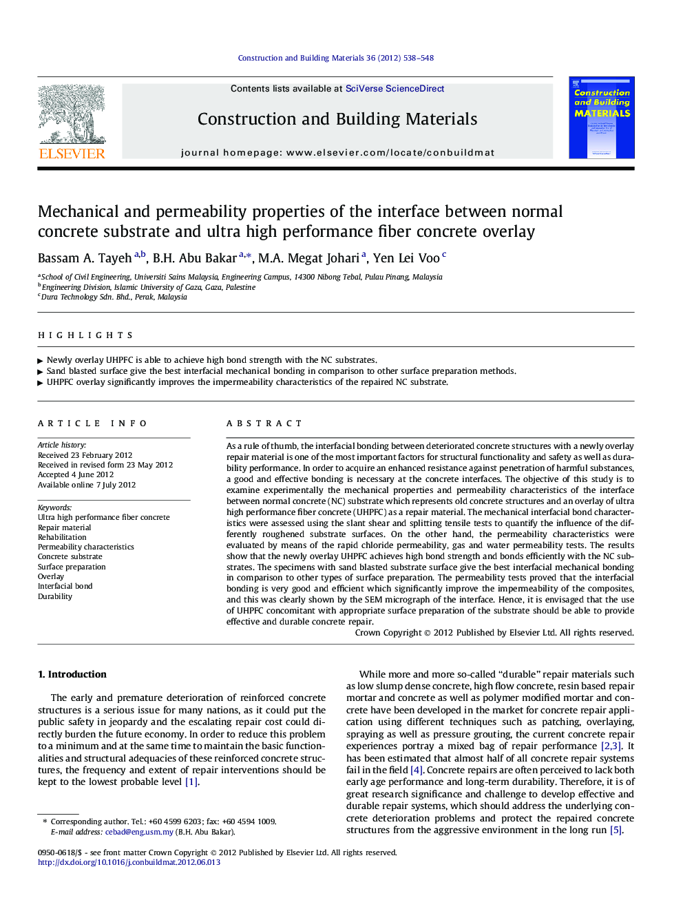 Mechanical and permeability properties of the interface between normal concrete substrate and ultra high performance fiber concrete overlay