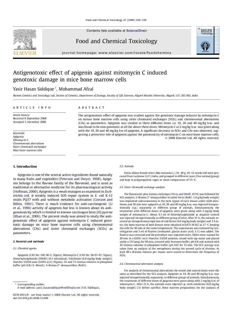 Antigenotoxic effect of apigenin against mitomycin C induced genotoxic damage in mice bone marrow cells