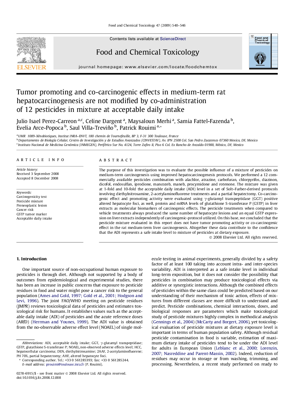 Tumor promoting and co-carcinogenic effects in medium-term rat hepatocarcinogenesis are not modified by co-administration of 12 pesticides in mixture at acceptable daily intake