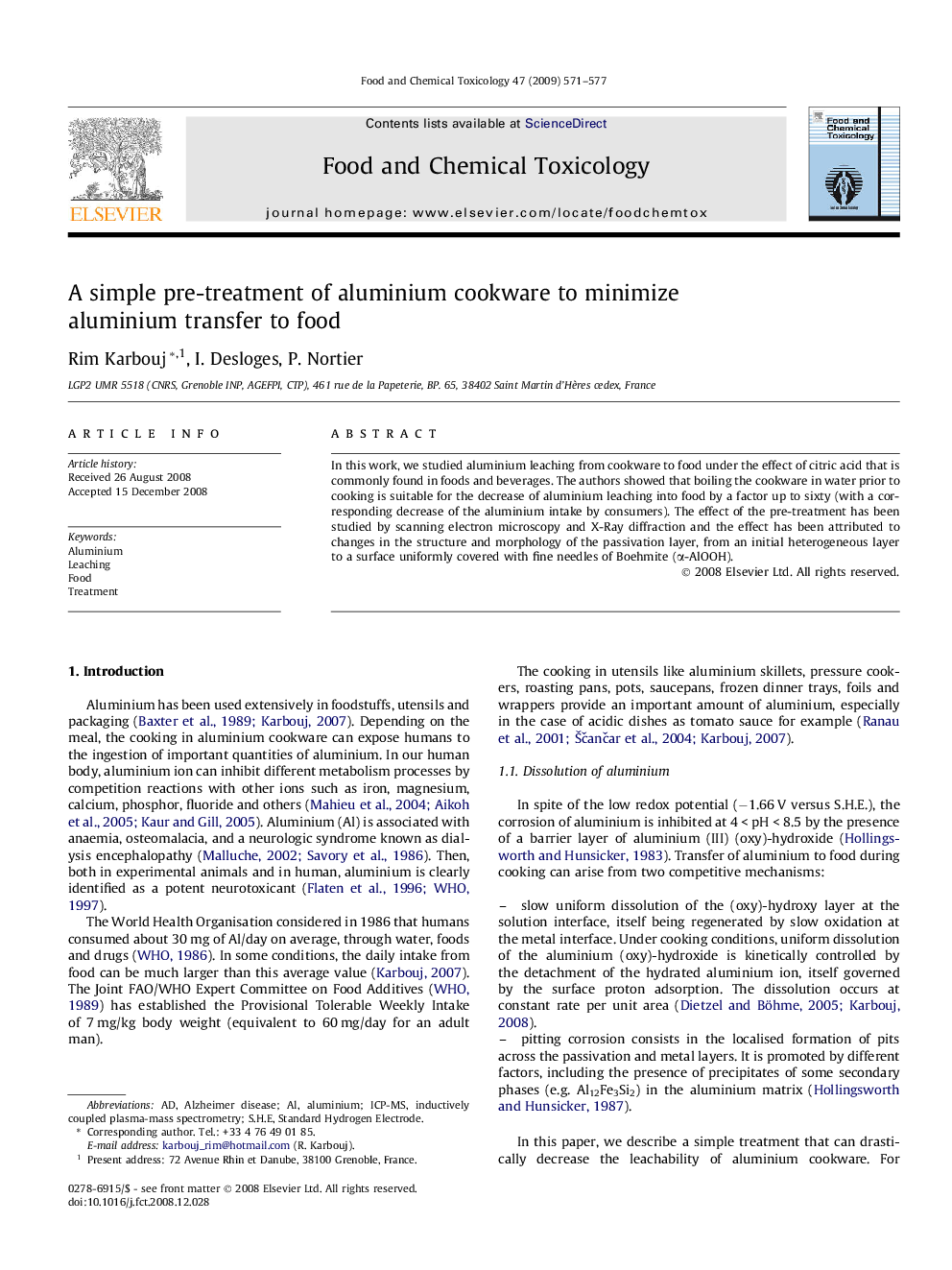 A simple pre-treatment of aluminium cookware to minimize aluminium transfer to food