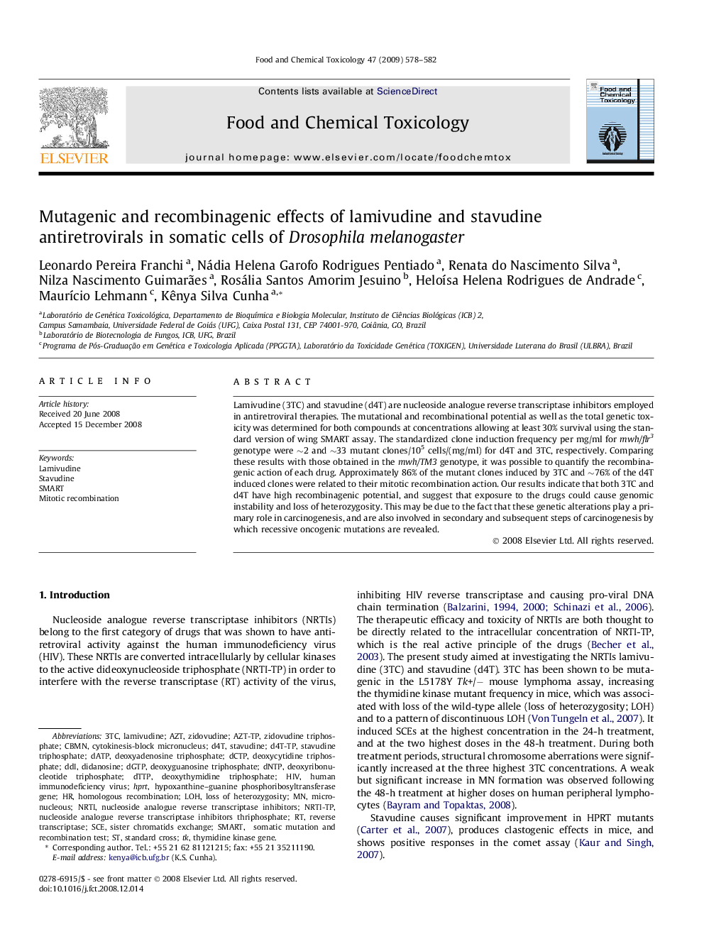 Mutagenic and recombinagenic effects of lamivudine and stavudine antiretrovirals in somatic cells of Drosophila melanogaster