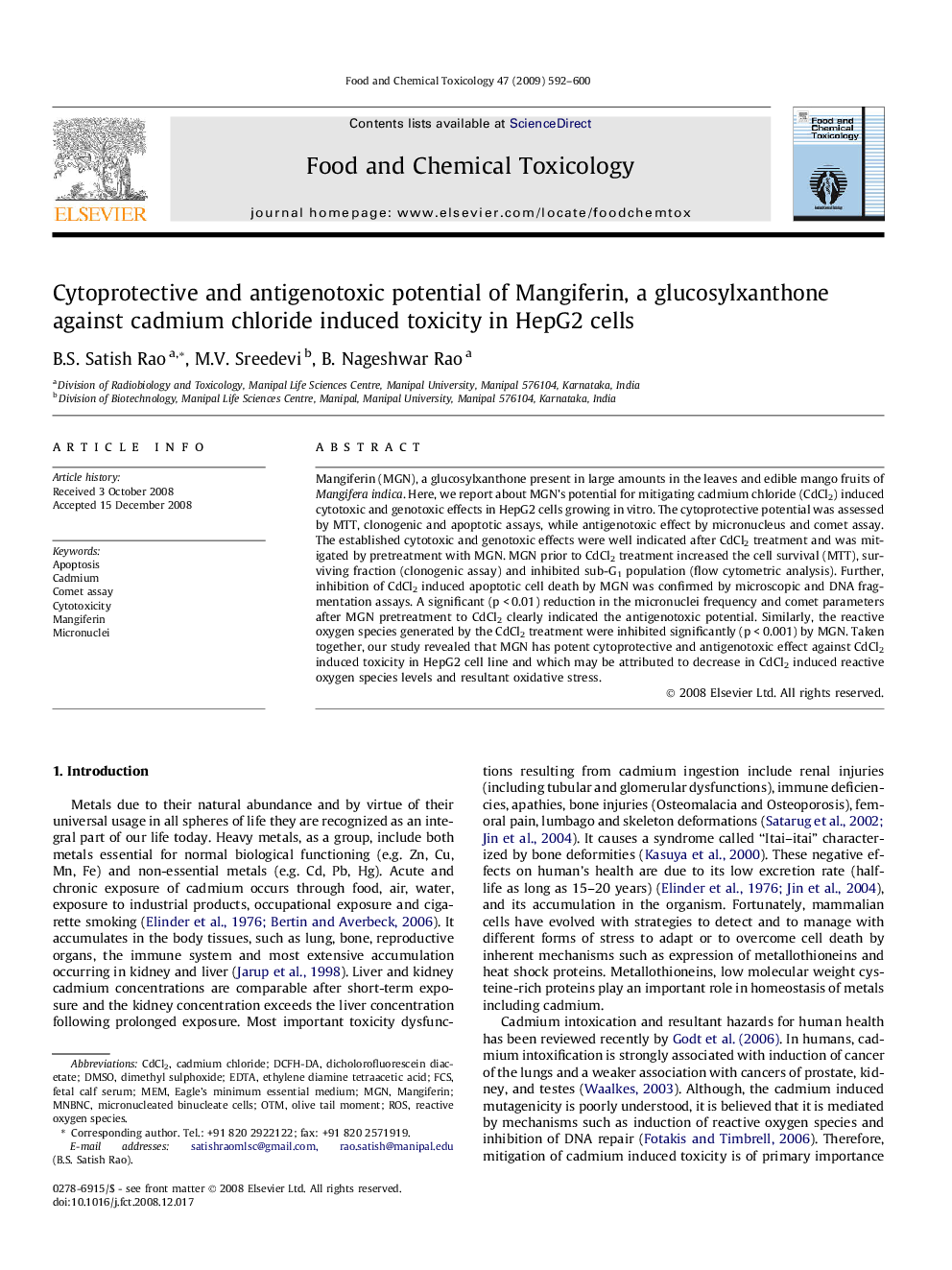 Cytoprotective and antigenotoxic potential of Mangiferin, a glucosylxanthone against cadmium chloride induced toxicity in HepG2 cells