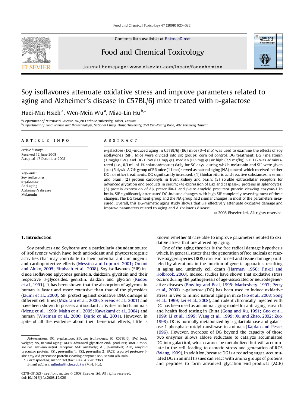 Soy isoflavones attenuate oxidative stress and improve parameters related to aging and Alzheimer’s disease in C57BL/6J mice treated with d-galactose