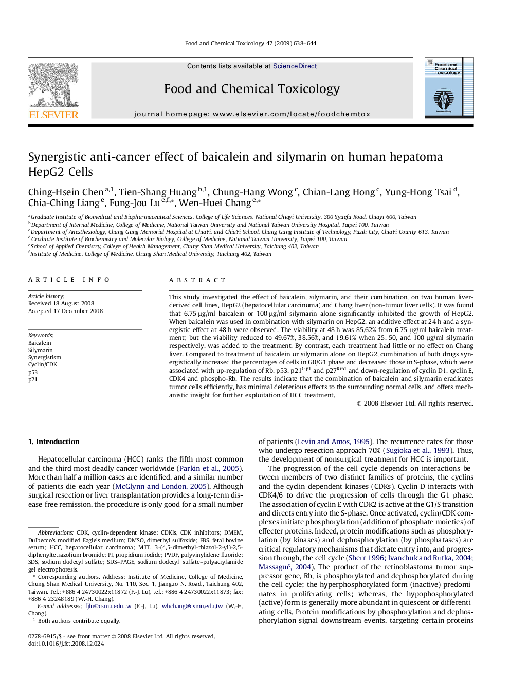 Synergistic anti-cancer effect of baicalein and silymarin on human hepatoma HepG2 Cells