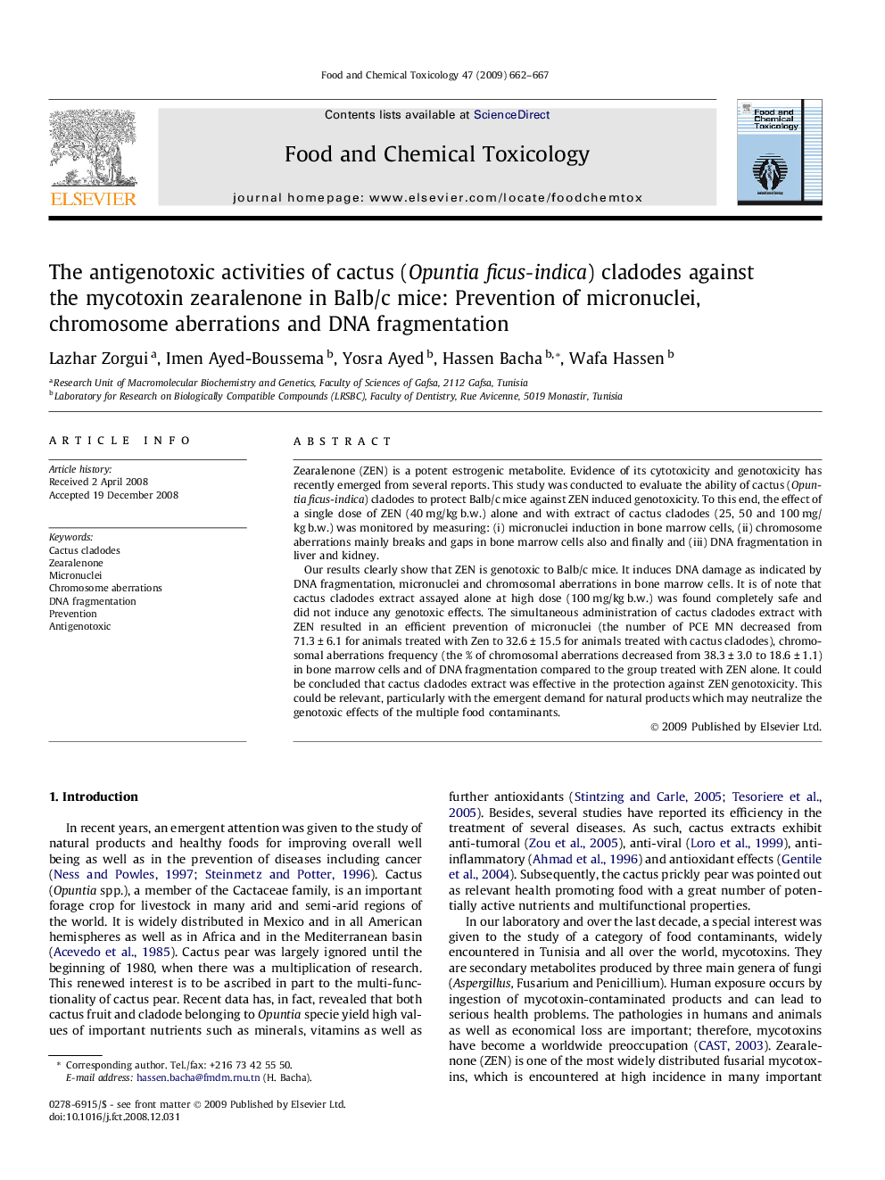 The antigenotoxic activities of cactus (Opuntia ficus-indica) cladodes against the mycotoxin zearalenone in Balb/c mice: Prevention of micronuclei, chromosome aberrations and DNA fragmentation