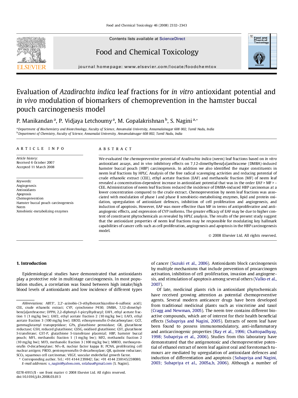 Evaluation of Azadirachta indica leaf fractions for in vitro antioxidant potential and in vivo modulation of biomarkers of chemoprevention in the hamster buccal pouch carcinogenesis model