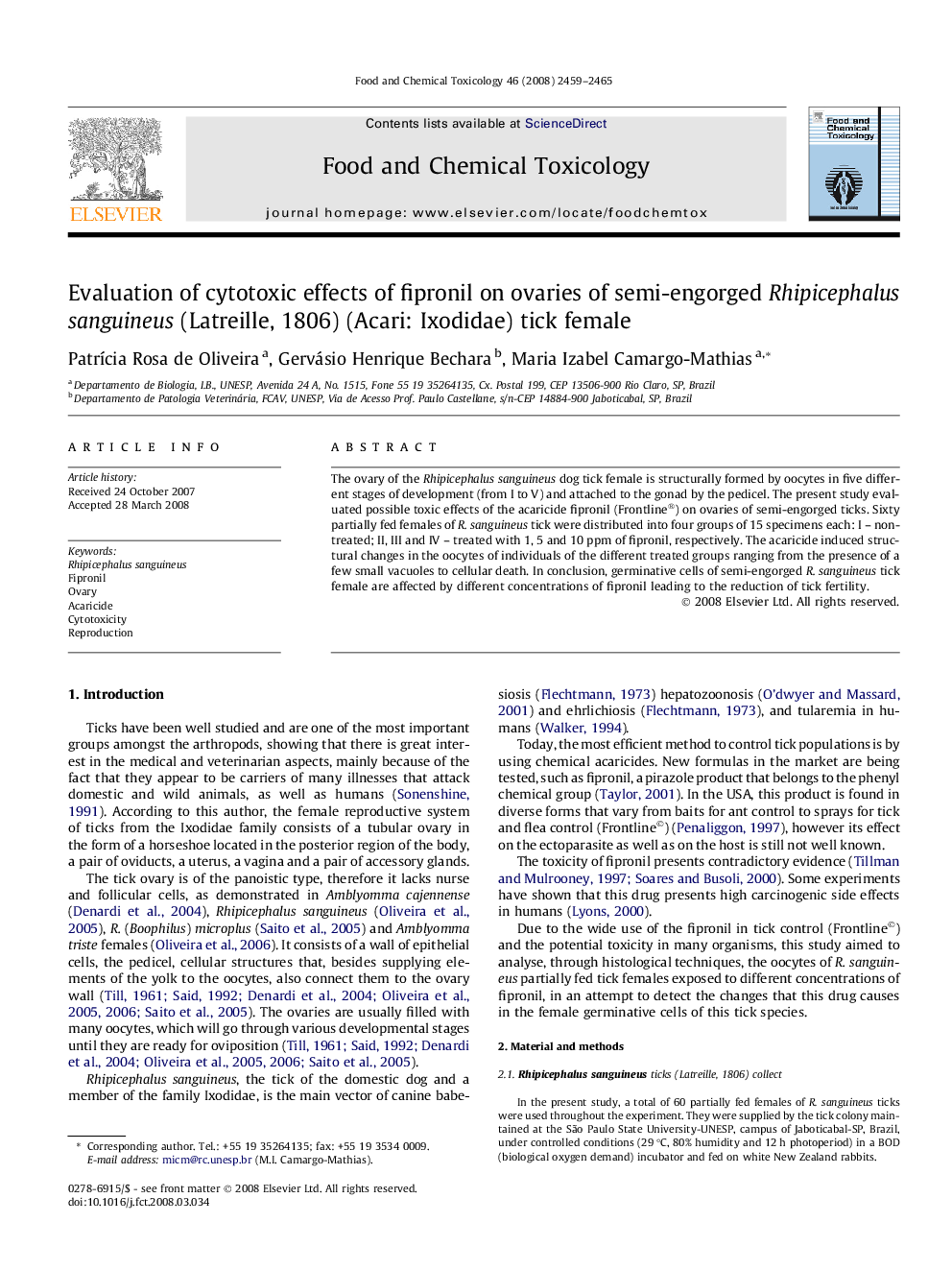 Evaluation of cytotoxic effects of fipronil on ovaries of semi-engorged Rhipicephalus sanguineus (Latreille, 1806) (Acari: Ixodidae) tick female