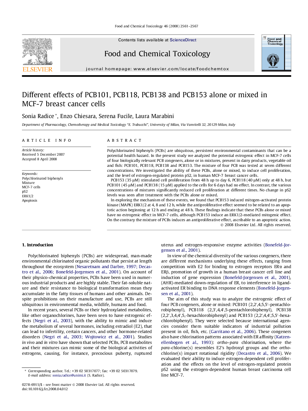 Different effects of PCB101, PCB118, PCB138 and PCB153 alone or mixed in MCF-7 breast cancer cells