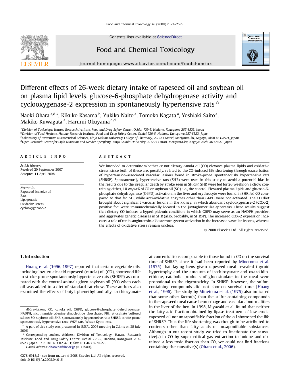 Different effects of 26-week dietary intake of rapeseed oil and soybean oil on plasma lipid levels, glucose-6-phosphate dehydrogenase activity and cyclooxygenase-2 expression in spontaneously hypertensive rats 