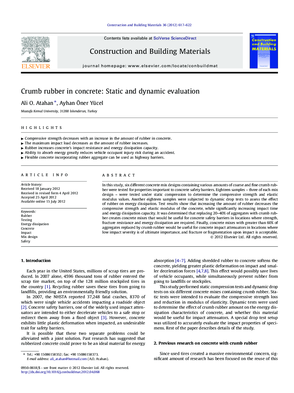 Crumb rubber in concrete: Static and dynamic evaluation