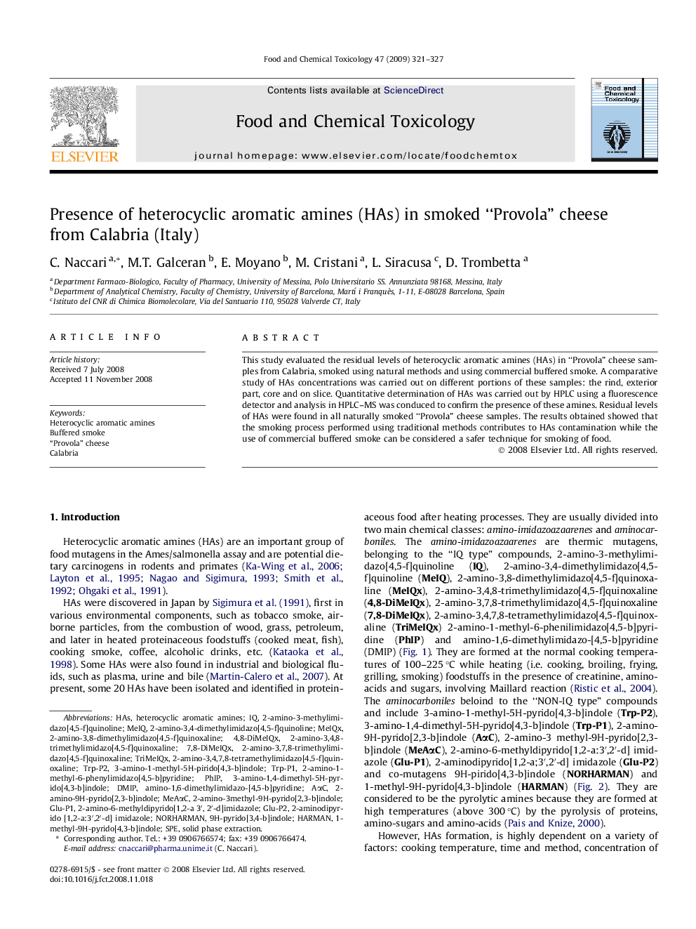 Presence of heterocyclic aromatic amines (HAs) in smoked “Provola” cheese from Calabria (Italy)