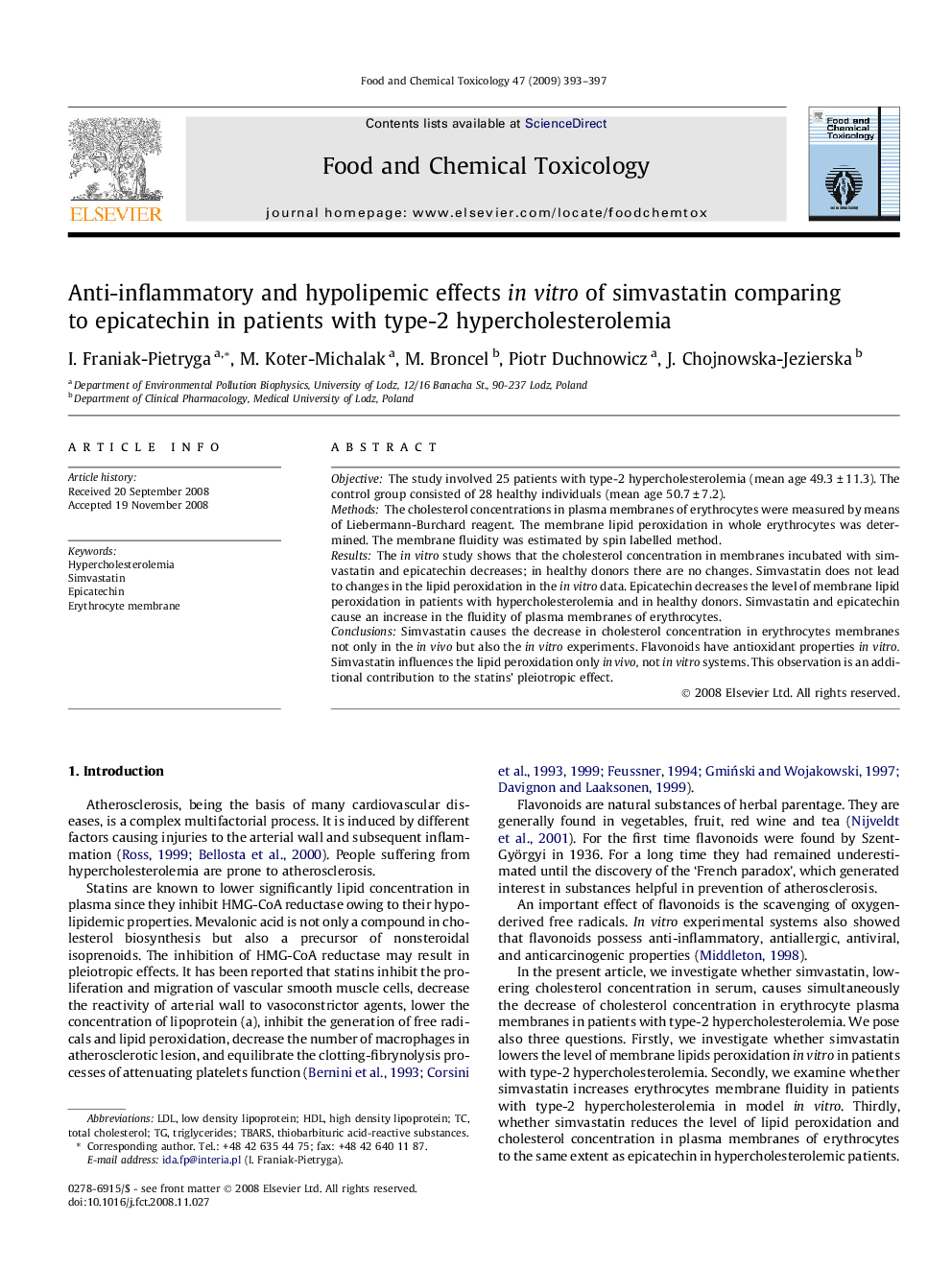 Anti-inflammatory and hypolipemic effects in vitro of simvastatin comparing to epicatechin in patients with type-2 hypercholesterolemia