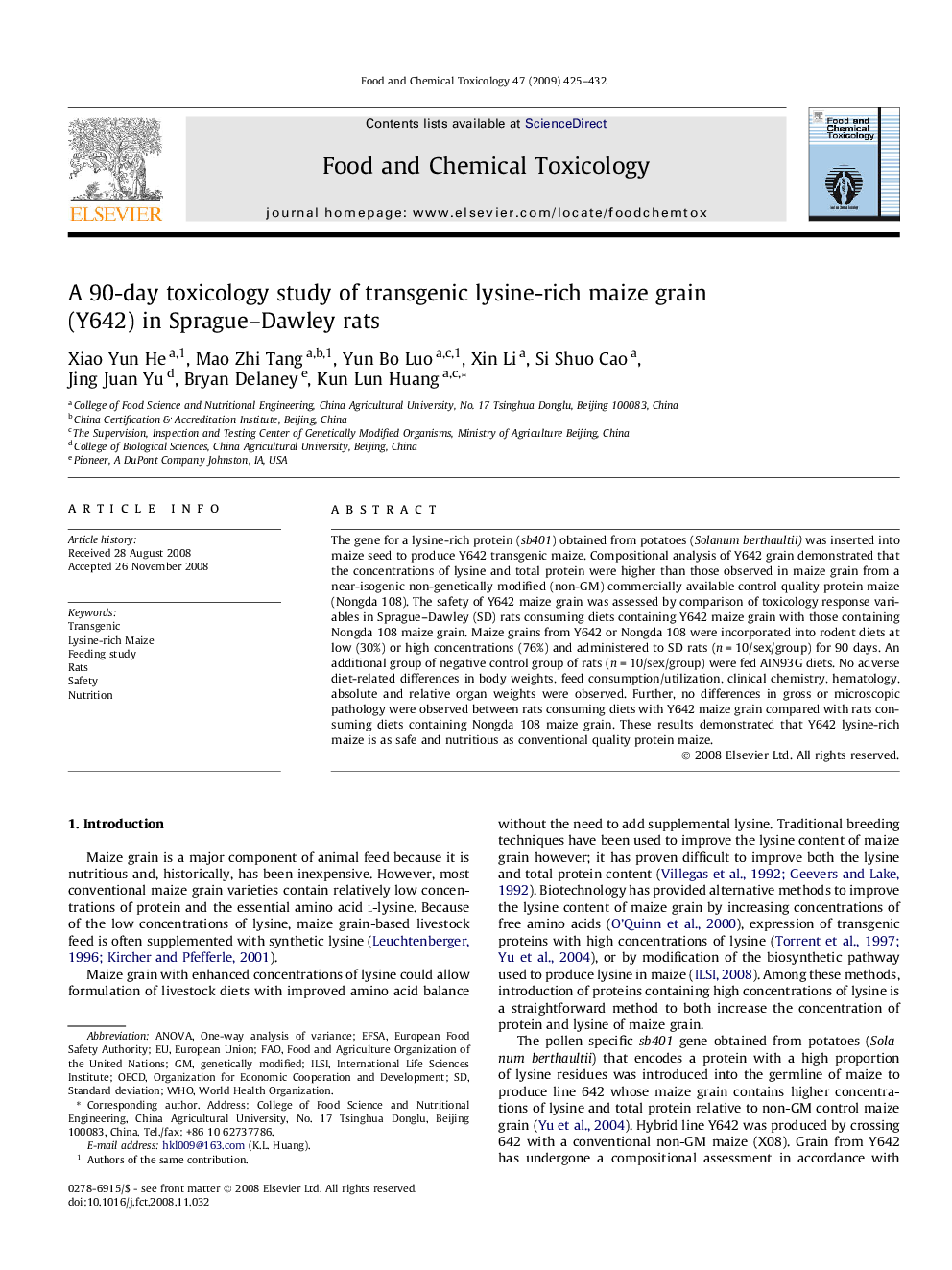 A 90-day toxicology study of transgenic lysine-rich maize grain (Y642) in Sprague–Dawley rats