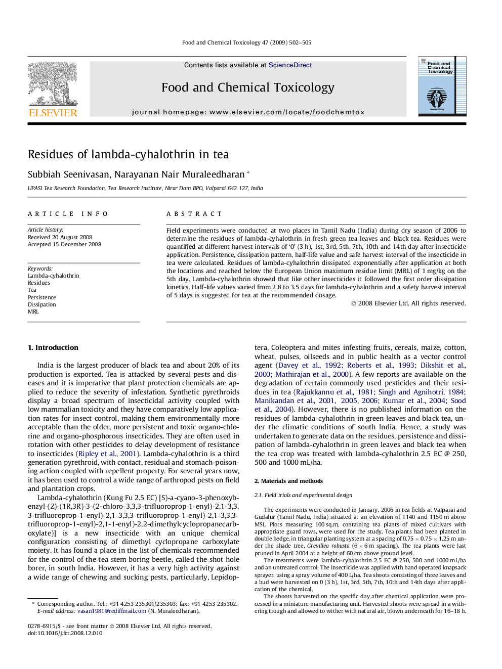 Residues of lambda-cyhalothrin in tea