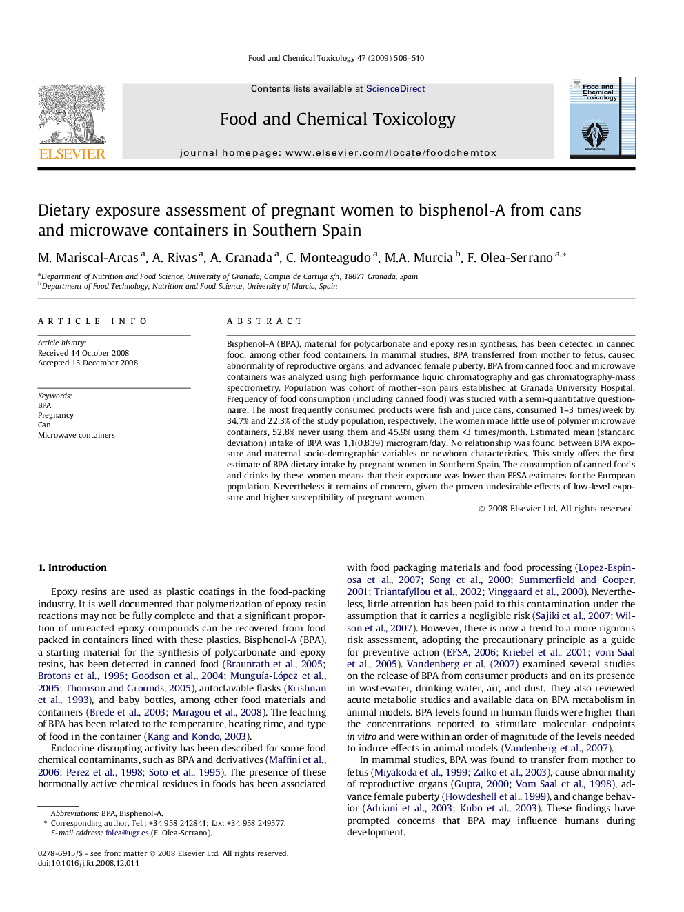 Dietary exposure assessment of pregnant women to bisphenol-A from cans and microwave containers in Southern Spain