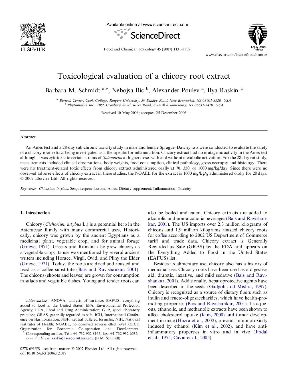 Toxicological evaluation of a chicory root extract