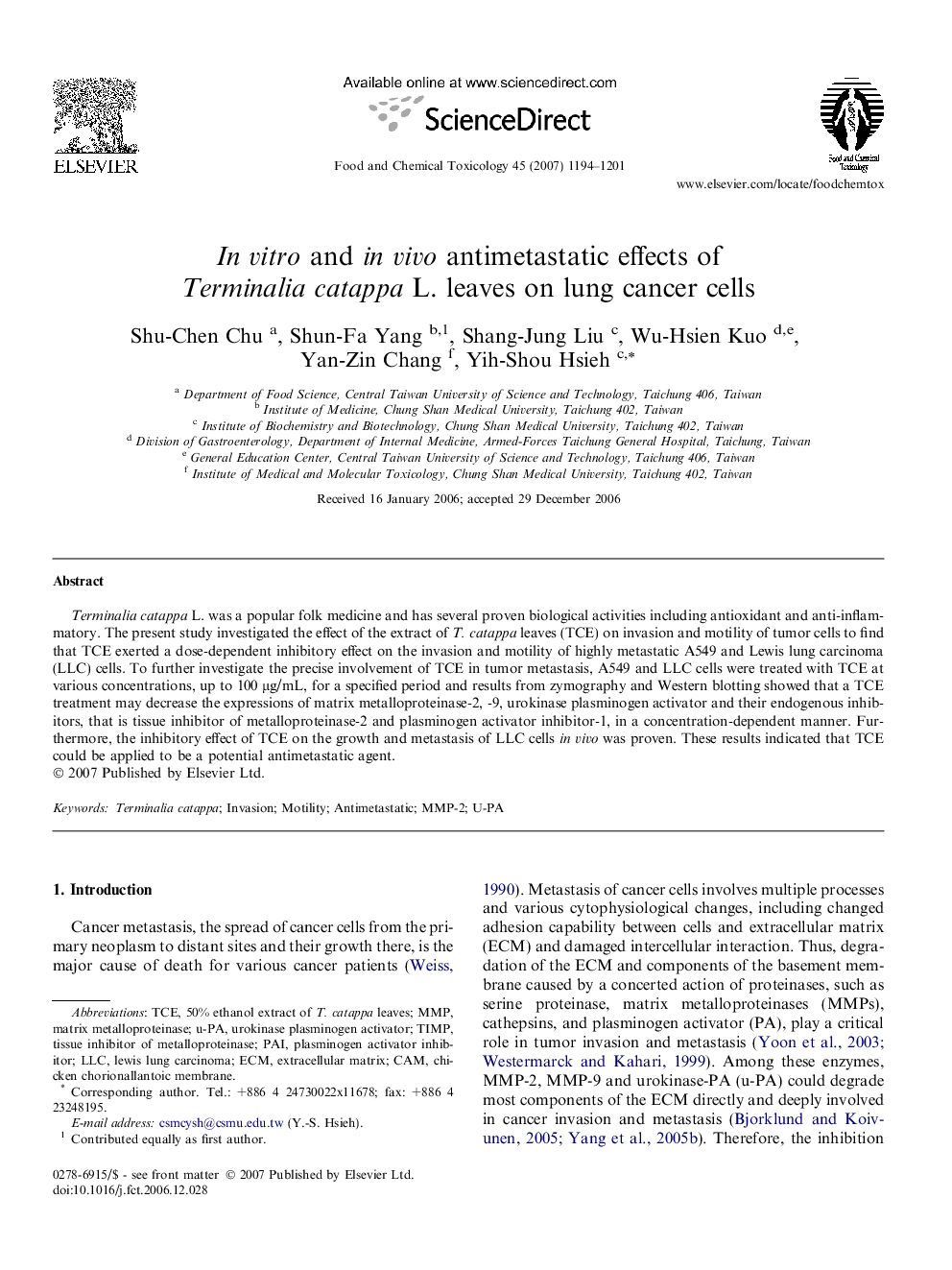 In vitro and in vivo antimetastatic effects of Terminalia catappa L. leaves on lung cancer cells