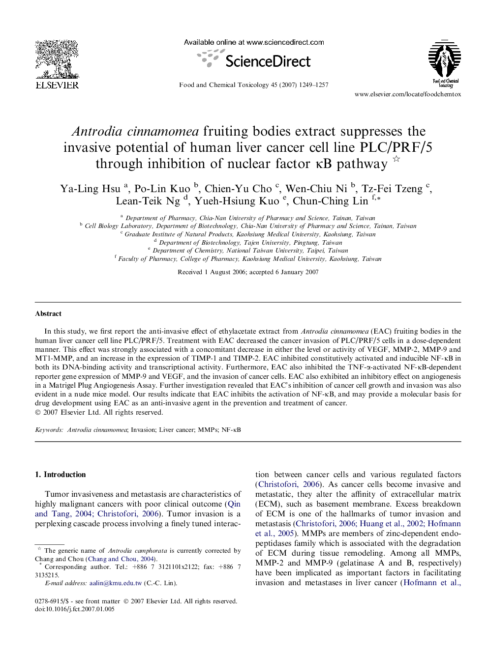 Antrodia cinnamomea fruiting bodies extract suppresses the invasive potential of human liver cancer cell line PLC/PRF/5 through inhibition of nuclear factor κB pathway 