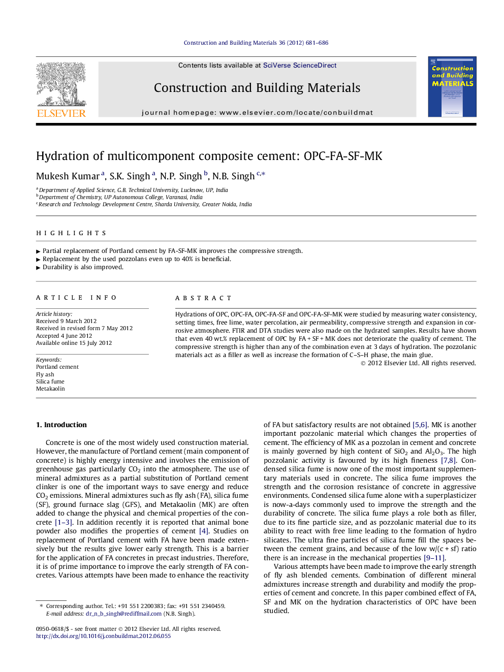 Hydration of multicomponent composite cement: OPC-FA-SF-MK