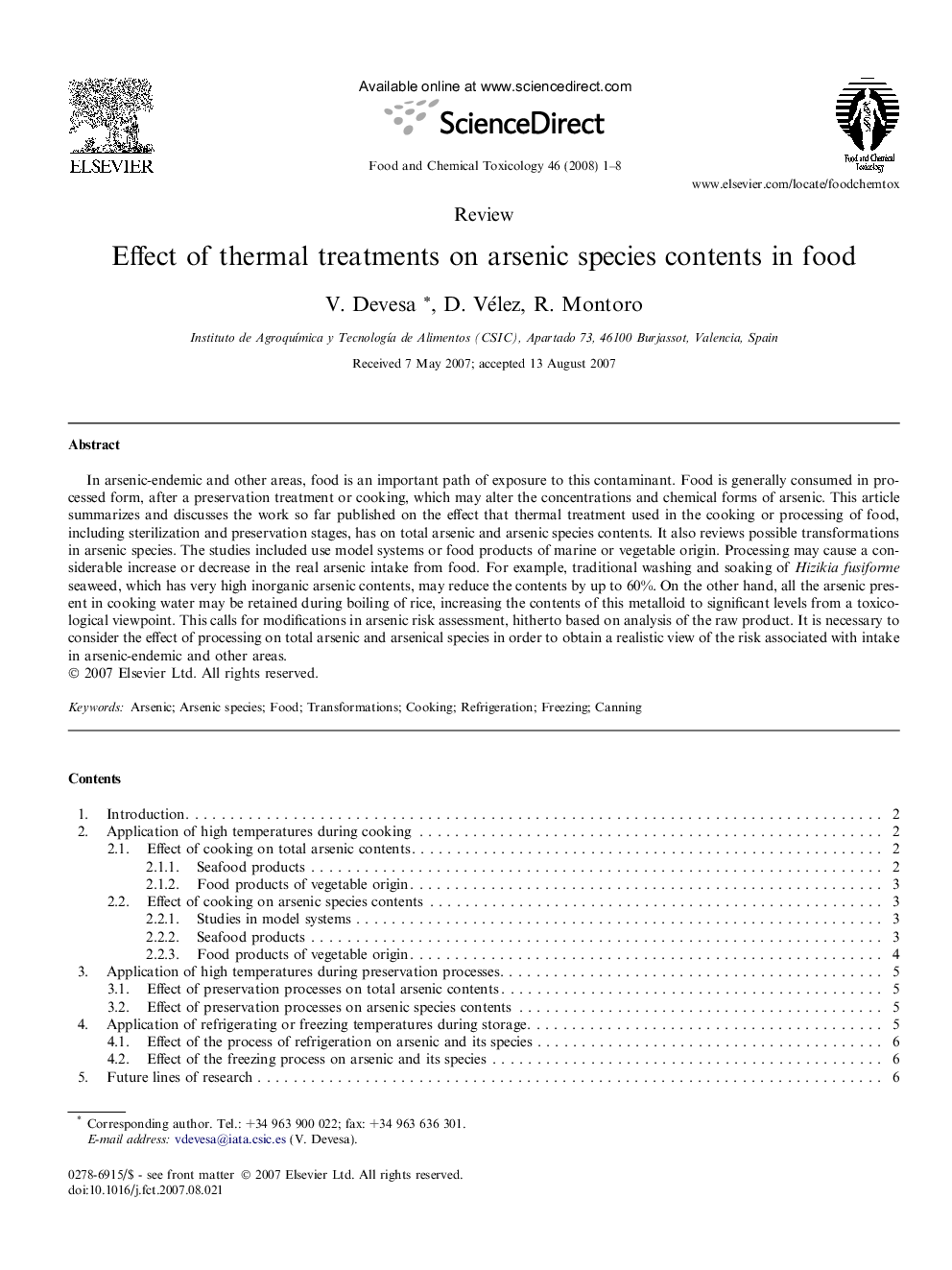 Effect of thermal treatments on arsenic species contents in food