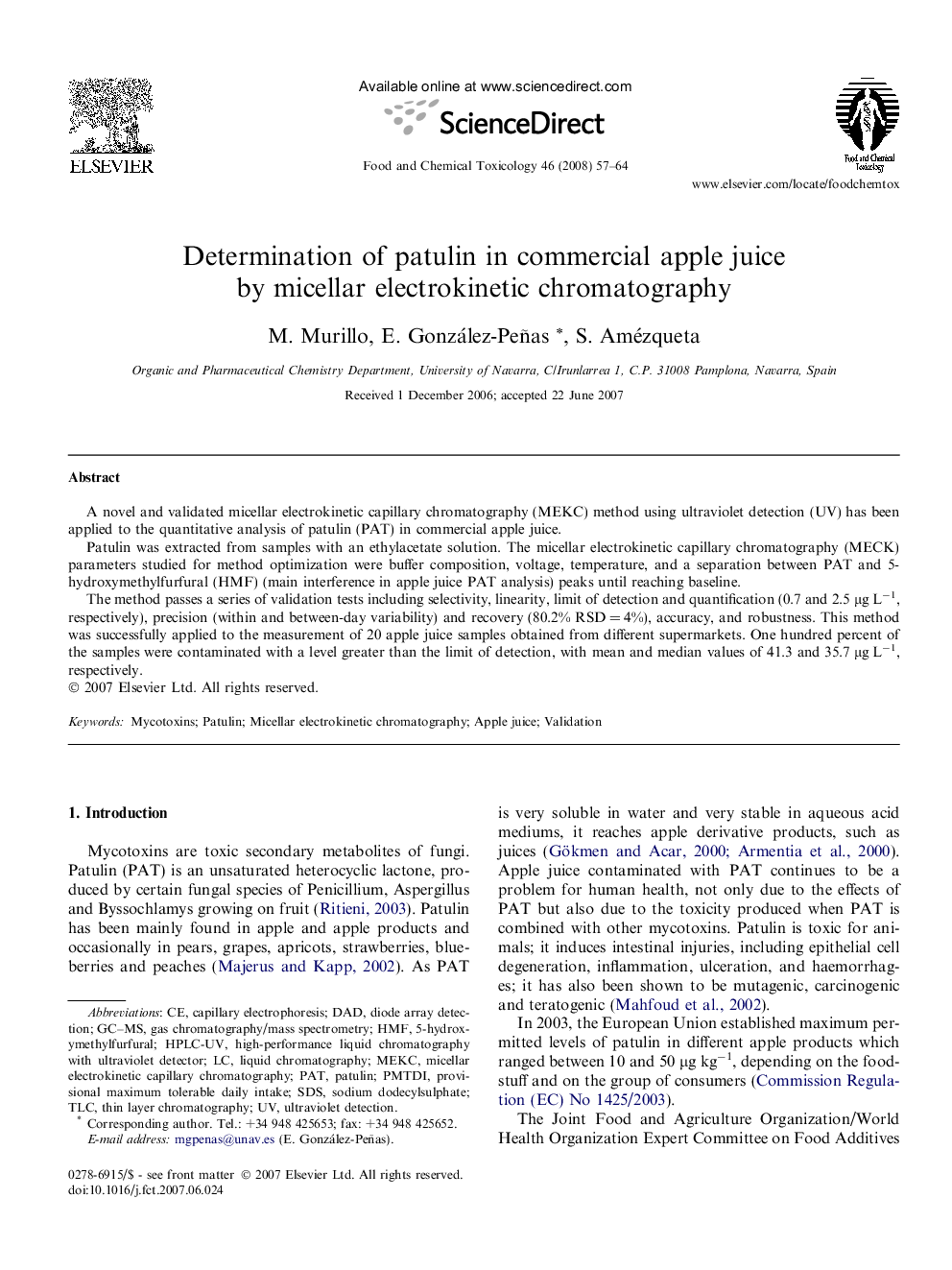 Determination of patulin in commercial apple juice by micellar electrokinetic chromatography