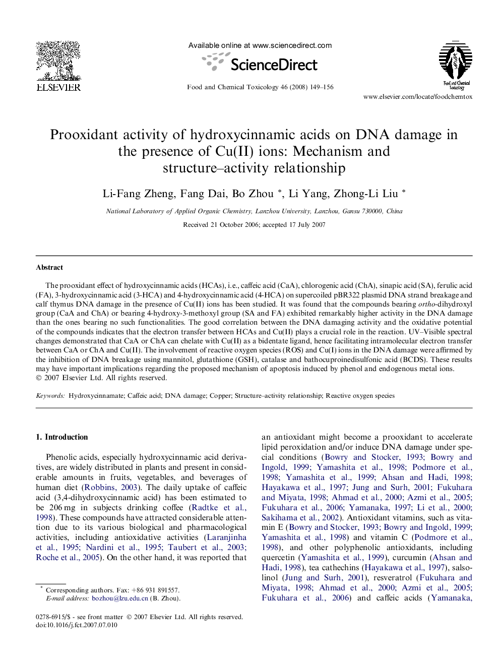 Prooxidant activity of hydroxycinnamic acids on DNA damage in the presence of Cu(II) ions: Mechanism and structure–activity relationship