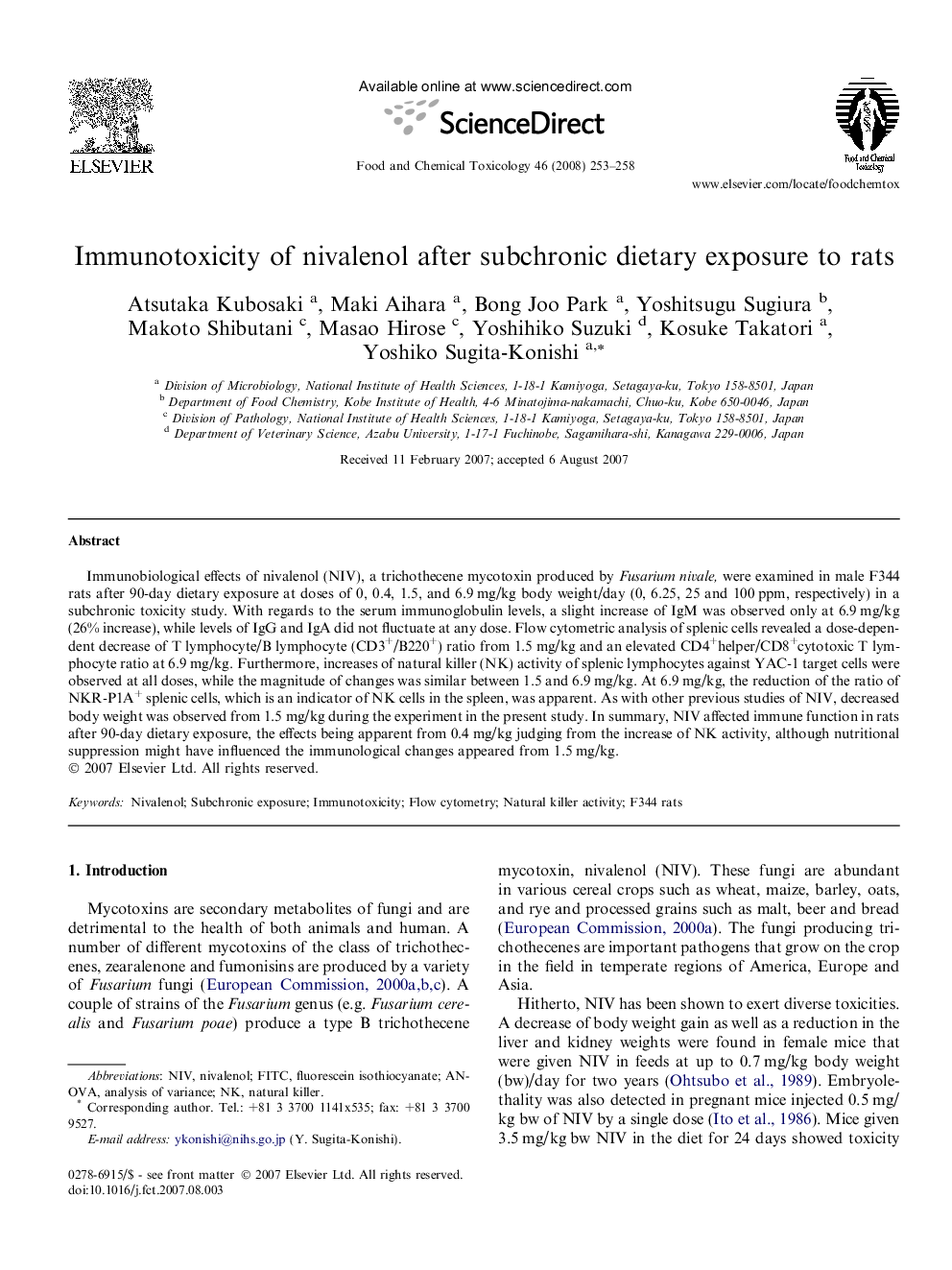 Immunotoxicity of nivalenol after subchronic dietary exposure to rats