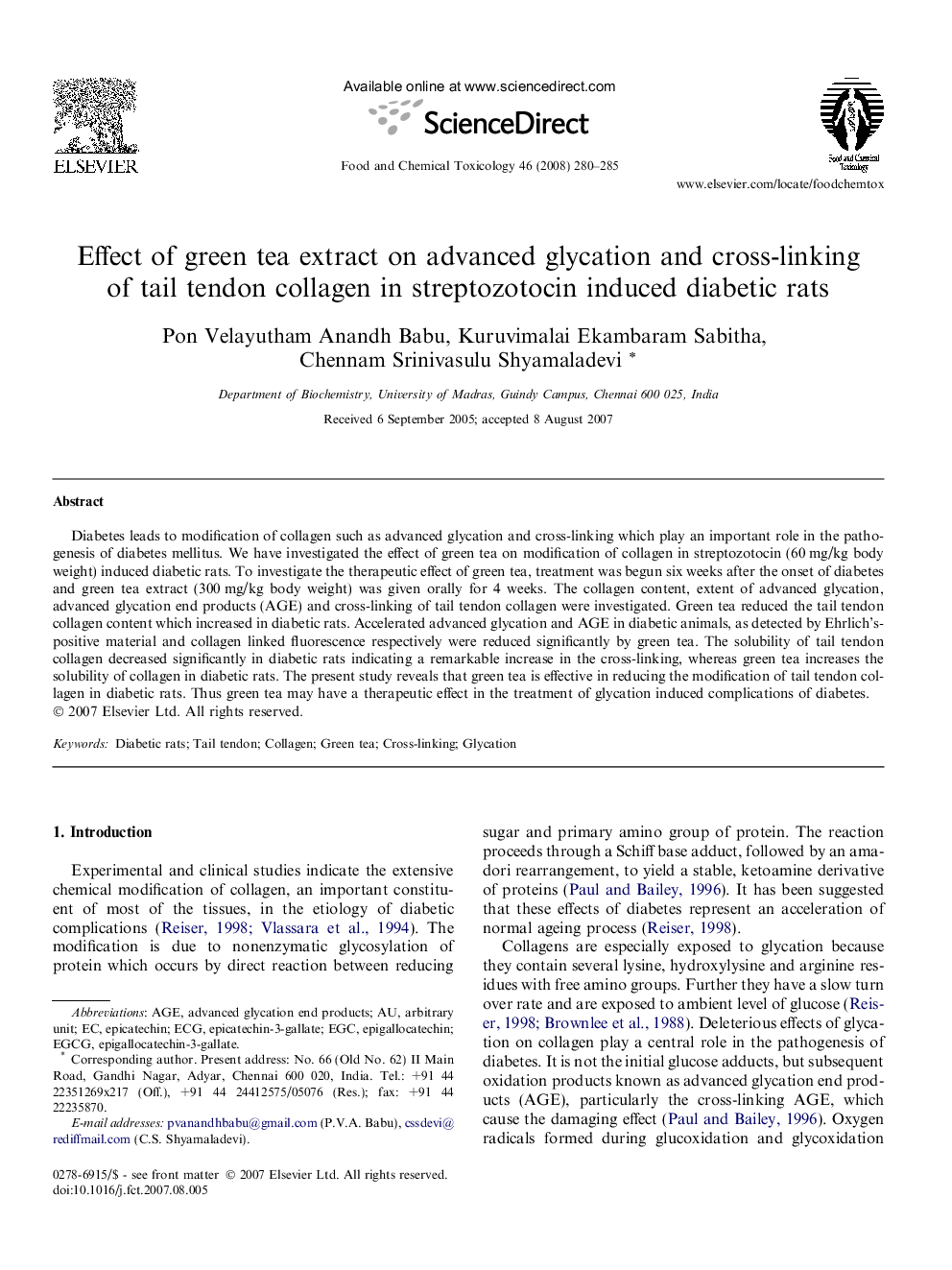 Effect of green tea extract on advanced glycation and cross-linking of tail tendon collagen in streptozotocin induced diabetic rats