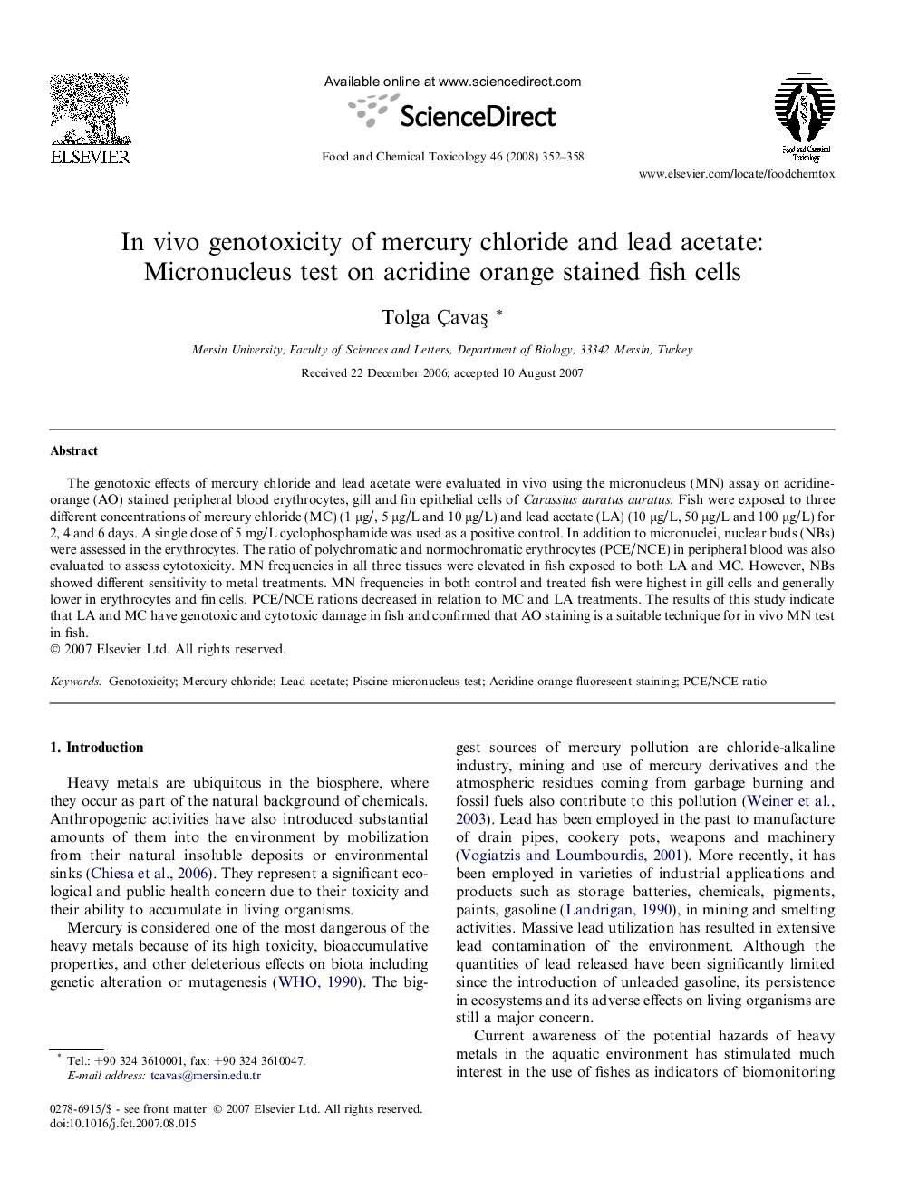 In vivo genotoxicity of mercury chloride and lead acetate: Micronucleus test on acridine orange stained fish cells