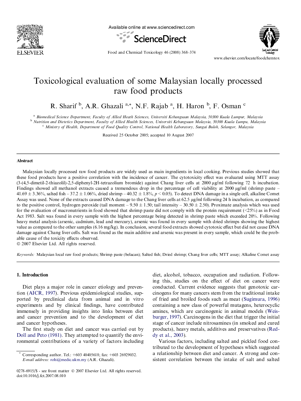 Toxicological evaluation of some Malaysian locally processed raw food products