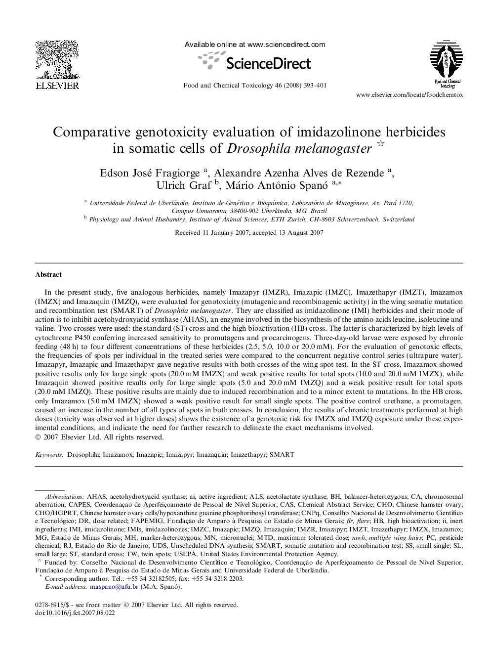 Comparative genotoxicity evaluation of imidazolinone herbicides in somatic cells of Drosophila melanogaster 