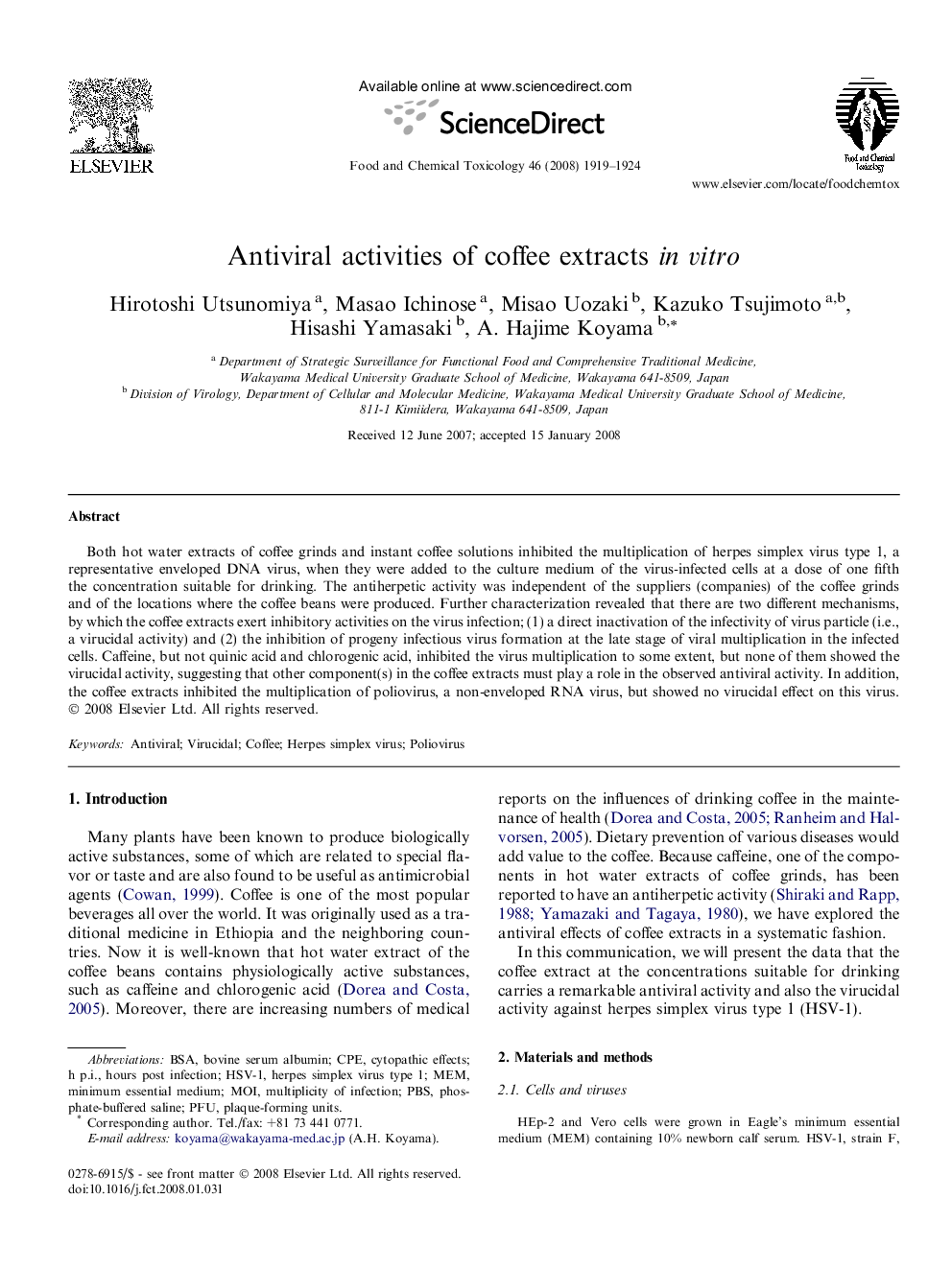 Antiviral activities of coffee extracts in vitro