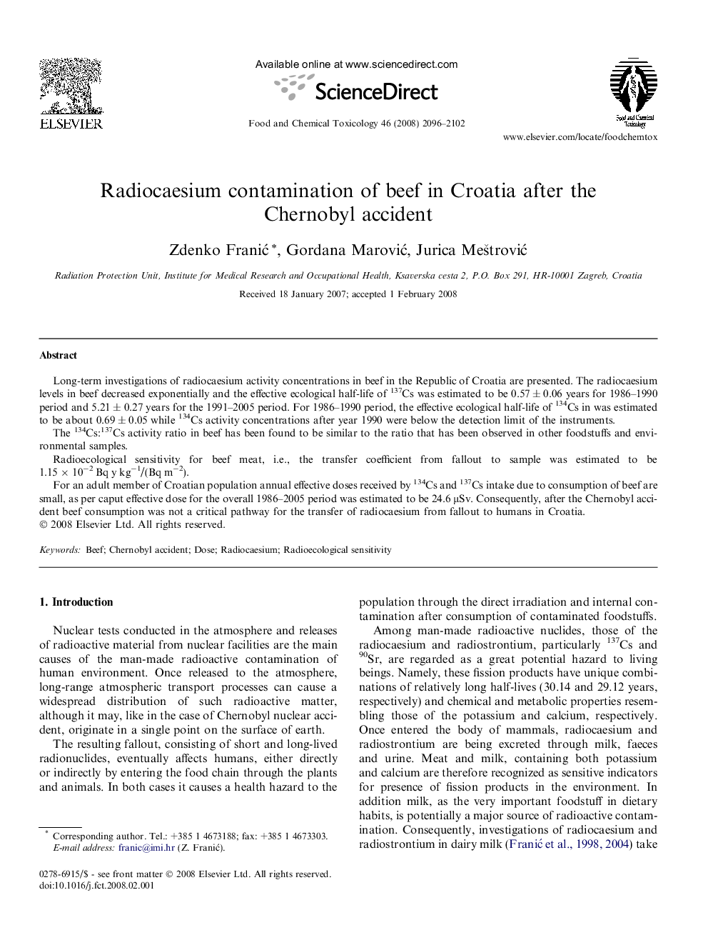 Radiocaesium contamination of beef in Croatia after the Chernobyl accident