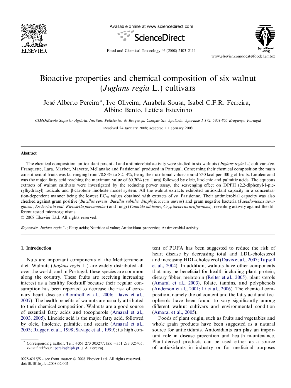 Bioactive properties and chemical composition of six walnut (Juglans regia L.) cultivars