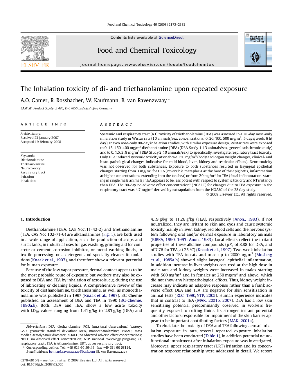 The Inhalation toxicity of di- and triethanolamine upon repeated exposure