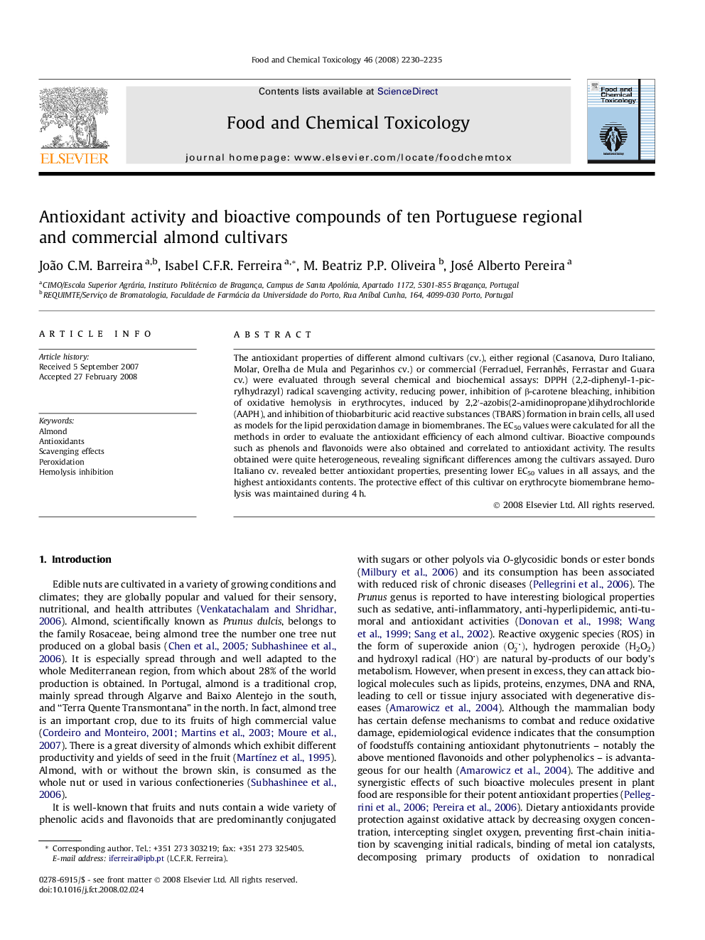 Antioxidant activity and bioactive compounds of ten Portuguese regional and commercial almond cultivars