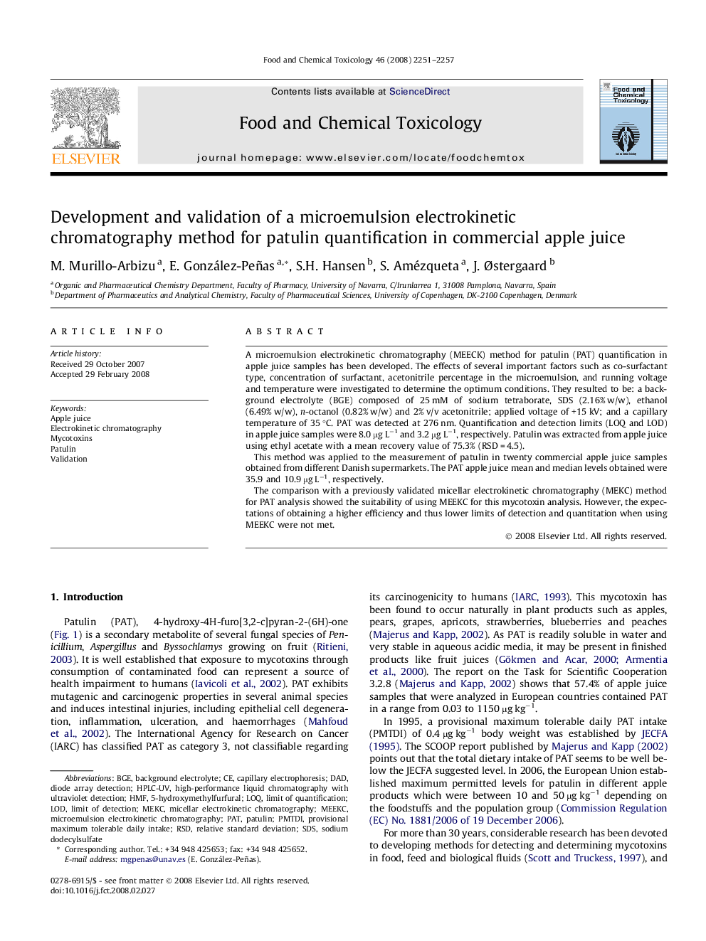 Development and validation of a microemulsion electrokinetic chromatography method for patulin quantification in commercial apple juice