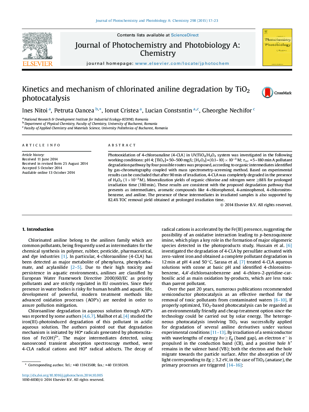 Kinetics and mechanism of chlorinated aniline degradation by TiO2 photocatalysis