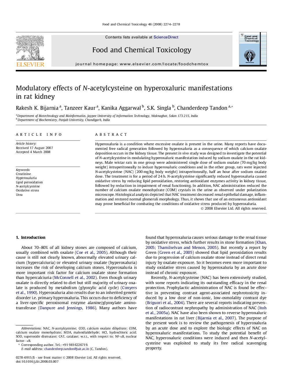 Modulatory effects of N-acetylcysteine on hyperoxaluric manifestations in rat kidney